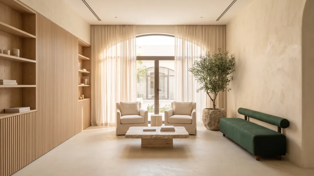 Warm ivory clinic lounge with an arched window, linen armchairs and a pine-green bench