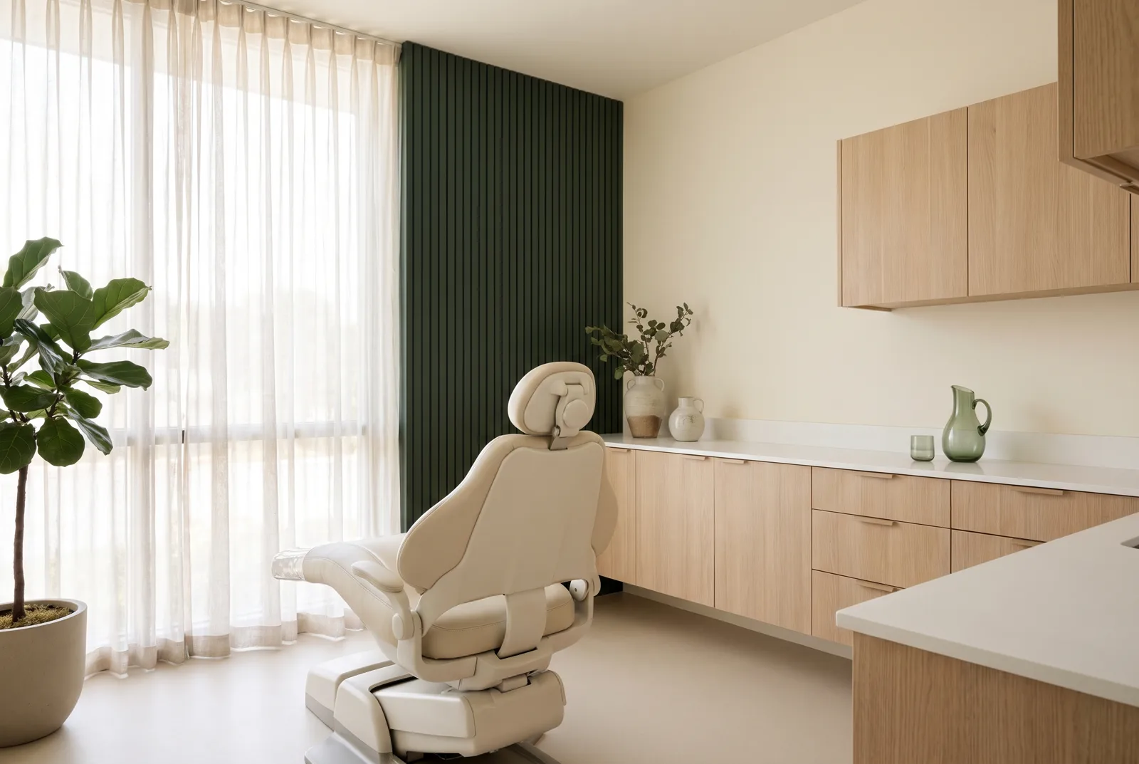 Cream dental chair beside a tall window with sheer curtains and a pine-green panelled wall