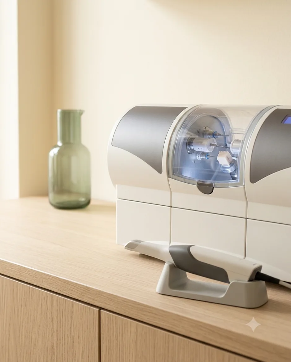 A dental milling unit on a pale oak counter beside a sage glass carafe