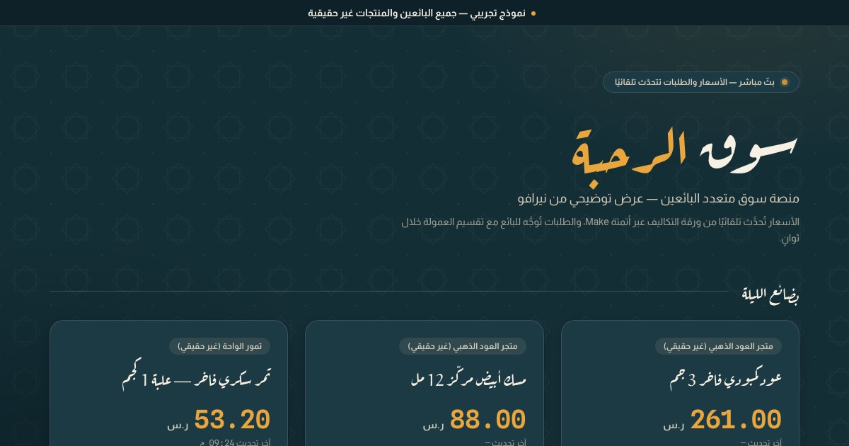 Souq Al-Rahba, an Arabic multi-vendor marketplace demo with live dynamic pricing