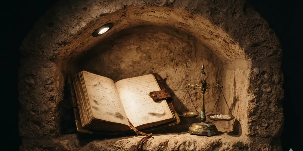 The sea log open beside the brass pearl scale, in a lit stone niche