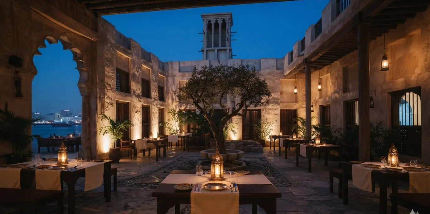 The courtyard, held wide, Candlelight on coral stone; tables under the sidr tree